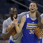 
              Golden State Warriors' Draymond Green, left, and Stephen Curry laugh during NBA basketball practice, Wednesday, June 3, 2015, in Oakland, Calif. The Warriors host the Cleveland Cavaliers in Game 1 of the NBA Finals on Thursday. (AP Photo/Ben Margot)
            