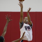
              Candace Parker takes a shot during a USA women's national team minicamp basketball practice Wednesday, May 6, 2015, in Las Vegas. (AP Photo/John Locher)
            