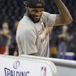 
              Cleveland Cavaliers' LeBron James gestures during NBA basketball practice, Wednesday, June 3, 2015, in Oakland, Calif. The Golden State Warriors host the Cavaliers in Game 1 of the NBA Finals on Thursday. (AP Photo/Ben Margot)
            