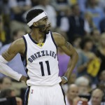 
              Memphis Grizzlies guard Mike Conley (11) walks on the court in the first half of Game 4 of a second-round NBA basketball Western Conference playoff series against the Golden State Warriors, Monday, May 11, 2015, in Memphis, Tenn. (AP Photo/Mark Humphrey)
            