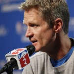 
              Golden State Warriors head coach Steve Kerr answers a question during press conference for basketball's NBA Finals in Cleveland, Wednesday, June 10, 2015. The Cleveland Cavaliers lead the Warriors 2-1 in the best-of-seven games series.  Game 4 is scheduled for Thursday. (AP Photo/Paul Sancya)
            