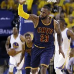 
              Cleveland Cavaliers forward LeBron James (23) reacts during the second half of Game 1 of basketball's NBA Finals against the Golden State Warriors in Oakland, Calif., Thursday, June 4, 2015. (AP Photo/Ben Margot)
            