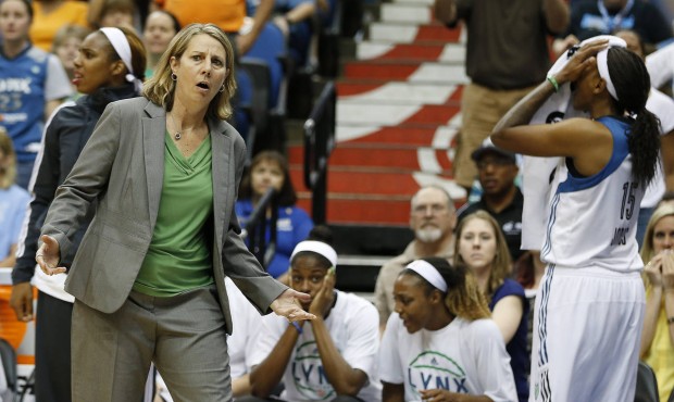 n FILE – In this June 21, 2015, file photo, Minnesota Lynx head coach Cheryl Reeve looks to t...