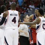 
              Washington Wizards' Paul Pierce, right, and Atlanta Hawks' DeMarre Carroll, left, exchange words in the third quarter of Game 5 of the second round of the NBA basketball playoffs Wednesday, May 13, 2015, in Atlanta. (AP Photo/John Bazemore)
            