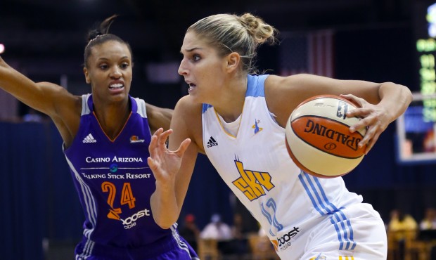 FILE – In this Sept. 12, 2014, file photo, Chicago Sky forward Elena Delle Donne, right, goes...