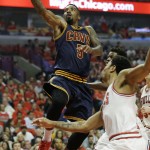 
              Cleveland Cavaliers guard J.R. Smith (5) drives to the basket against the Chicago Bulls during the first half of Game 3 in a second-round NBA basketball playoff series in Chicago on Friday, May 8, 2015. (AP Photo/Nam Y. Huh)
            