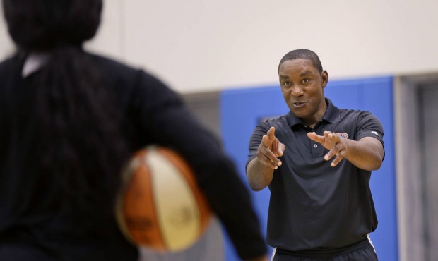 In this July 14, 2015, photo, New York Liberty President IsiahThomas, right, works out with Brittan...