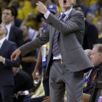 
              Golden State Warriors coach Steve Kerr gestures during the second half of Game 5 of the NBA basketball Western Conference finals against the Houston Rockets in Oakland, Calif., Wednesday, May 27, 2015. (AP Photo/Ben Margot)
            
