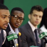 
              Boston Celtics draft pick Jordan Mickey, left, responds to a question as draft picks Terry Rozier, second from left, R.J. Hunter and Marcus Thornton look on during a media introduction at the Celtics basketball training facility, Tuesday, June 30, 2015, in Waltham, Mass. (AP Photo/Stephan Savoia)
            