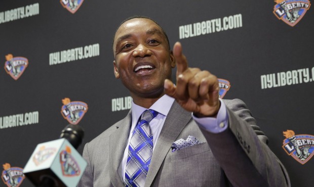 FILE – In this May 21, 2015, file photo, New York Liberty president Isiah Thomas speaks durin...