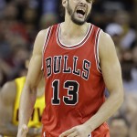 
              Chicago Bulls center Joakim Noah reacts during the second half against the Cleveland Cavaliers in Game 5 in a second-round NBA basketball playoff series Tuesday, May 12, 2015, in Cleveland. (AP Photo/Tony Dejak)
            