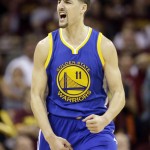 
              `Golden State Warriors guard Klay Thompson (11) reacts during the second half of Game 6 of basketball's NBA Finals against the Cleveland Cavaliers in Cleveland, Tuesday, June 16, 2015. (AP Photo/Tony Dejak)
            