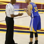 
              Golden State Warriors guard Stephen Curry (30) appeals to referee Derrick Stafford (9) on a call during the second half of Game 3 of basketball's NBA Finals against the Cleveland Cavaliers in Cleveland, Tuesday, June 9, 2015. The Cavaliers defeated the Warriors 96-91. AP Photo/Paul Sancya)
            