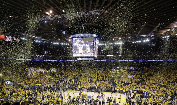 Confetti falls at Oracle Arena after Game 5 of basketball’s NBA Finals between the Golden Sta...