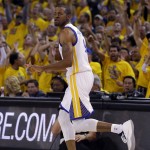 
              Golden State Warriors forward Andre Iguodala (9) reacts after scoring against the Cleveland Cavaliers during the second half of Game 1 of basketball's NBA Finals in Oakland, Calif., Thursday, June 4, 2015. (AP Photo/Ben Margot)
            