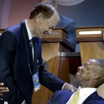 
              Minnesota Timberwolves owner, Glen Taylor, left, talks with Los Angeles Lakers coach Byron Scott before the NBA basketball draft lottery, Tuesday, May 19, 2015, in New York. (AP Photo/Julie Jacobson)
            