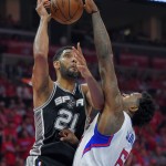 
              San Antonio Spurs forward Tim Duncan, left, has his shot blocked by Los Angeles Clippers center DeAndre Jordan during the first half of Game 7 in a first-round NBA basketball playoff series, Saturday, May 2, 2015, in Los Angeles. (AP Photo/Mark J. Terrill)
            