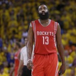 
              Houston Rockets guard James Harden (13) walks on the floor during the second half of Game 5 of the NBA basketball Western Conference finals against the Golden State Warriors in Oakland, Calif., Wednesday, May 27, 2015. (AP Photo/Ben Margot)
            
