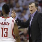               Houston Rockets head coach Kevin McHale, right, talks with James Harden (13) during the first half of Game 1 in a second-round NBA basketball playoff series Monday, May 4, 2015, in Houston. (AP Photo/David J. Phillip)
            