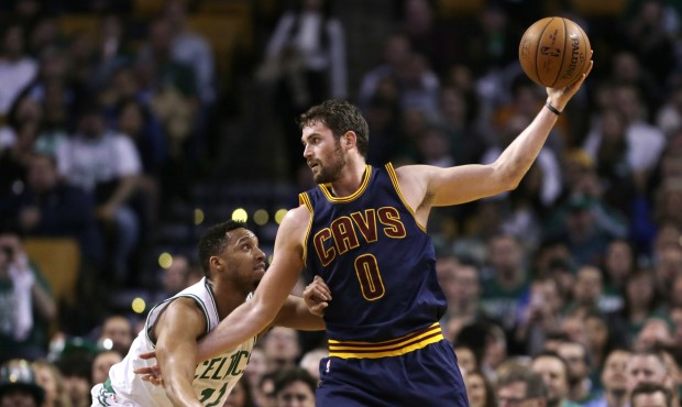 FILE – In this April 23, 2105, file photo, Cleveland Cavaliers forward Kevin Love (0) looks t...