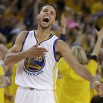 
              Golden State Warriors guard Stephen Curry (30) reacts after scoring during the first half of Game 5 in a second-round NBA playoff basketball series against the Memphis Grizzlies in Oakland, Calif., Wednesday, May 13, 2015. (AP Photo/Ben Margot)
            