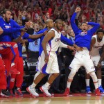 
              Members of the Los Angeles Clippers bench celebrates after guard Chris Paul, center, hit a basket with a second left in second half of Game 7 in a first-round NBA basketball playoff series against the San Antonio Spurs, Saturday, May 2, 2015, in Los Angeles. The Clippers won 111-109. (AP Photo/Mark J. Terrill)
            