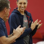               Head coach Geno Auriemma, left, and player Diana Taurasi clap during a USA women's national team minicamp basketball practice Wednesday, May 6, 2015, in Las Vegas. (AP Photo/John Locher)
            