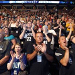 
              Minnesota Timberwolves fans cheer during a draft party in Minneapolis, as Kentucky center Karl-Anthony Towns is picked No. 1 by the Timberwolves during the NBA basketball draft, Thursday, June 25, 2015. (AP Photo/Ann Heisenfelt)
            