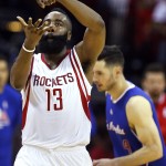 
              Houston Rockets guard James Harden (13) gestures after scoring against the Los Angeles Clippers during the third quarter of Game 7 of the NBA Western Conference semifinals at the Toyota Center Sunday, May 17, 2015, in Houston.  (James Nielsen / Houston Chronicle via AP ) Mandatory Credit
            