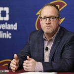               Cleveland Cavaliers general manager David Griffin answers questions during a news conference Thursday, June 18, 2015, in Independence, Ohio. Overcoming major injuries, the Cavaliers made an inspiring postseason run before coming up two wins shy of an NBA title. They've got major decisions to make this summer as they try to rebuild around star LeBron James, who didn't have nearly enough help in the NBA Finals. (AP Photo/Tony Dejak)
            
