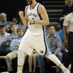               Memphis Grizzlies center Marc Gasol (33) celebrates his shot against the Golden State Warriors in the first half of Game 3 of a second-round NBA basketball Western Conference playoff series Saturday, May 9, 2015, in Memphis, Tenn. (AP Photo/Mark Humphrey)
            