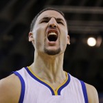 
              Golden State Warriors guard Klay Thompson (11) reacts after scoring against the Cleveland Cavaliers during the second half of Game 2 of basketball's NBA Finals in Oakland, Calif., Sunday, June 7, 2015. (AP Photo/Ben Margot)
            