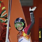 United States' Sarah Hendrickson smiles and waves after her first attempt during the women's normal hill ski jumping final at the 2014 Winter Olympics, Tuesday, Feb. 11, 2014, in Krasnaya Polyana, Russia. (AP Photo/Gregorio Borgia)