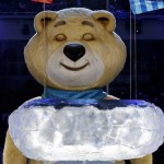 One of the Sochi Olympic mascots sheds a tear after extinguishing the Olympic flame during the closing ceremony of the 2014 Winter Olympics, Sunday, Feb. 23, 2014, in Sochi, Russia. (AP Photo/Charlie Riedel)