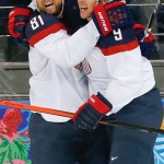 USA forward Zach Parise (9) celebrates his goal with teammate Phil Kessel (81) during the second period of men's quarterfinal hockey game against the Czech Republic in Shayba Arena at the 2014 Winter Olympics, Wednesday, Feb. 19, 2014, in Sochi, Russia. (AP Photo/Petr David Josek)