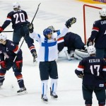 Teemu Selanne of Finland (8) celebrates his goal againt Team USA during the third period of the men's bronze medal ice hockey game at the 2014 Winter Olympics, Saturday, Feb. 22, 2014, in Sochi, Russia. (AP Photo/Matt Slocum)
