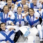 Members of Team Finland pose with their bronze medals after the men's bronze medal ice hockey game at the 2014 Winter Olympics, Saturday, Feb. 22, 2014, in Sochi, Russia. Finland defeated the United States 5-0 in the game. (AP Photo/Julio Cortez)