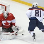 USA forward Phil Kessel shoots on Canada goaltender Carey Price during the first period of the men's semifinal ice hockey game at the 2014 Winter Olympics, Friday, Feb. 21, 2014, in Sochi, Russia. (AP Photo/Mark Humphrey)