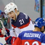 USA forward James van Riemsdyk celebrates his goal against the Czech Republic during the first period of men's quarterfinal hockey game in Shayba Arena at the 2014 Winter Olympics, Wednesday, Feb. 19, 2014, in Sochi, Russia. (AP Photo/Matt Slocum)
