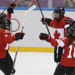 Brianne Jenner of Canada (19) celebrates her goal against the United States with her teammates Haley Irwin (21) and Catherine Ward (18) during the third period of the women's gold medal ice hockey game at the 2014 Winter Olympics, Thursday, Feb. 20, 2014, in Sochi, Russia. (AP Photo/Petr David Josek)