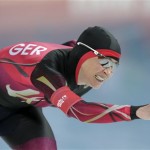 Fifth placed Claudia Pechstein of Germany competes in the women's 5,000-meter speedskating race at the Adler Arena Skating Center during the 2014 Winter Olympics in Sochi, Russia, Wednesday, Feb. 19, 2014. (AP Photo/Matt Dunham)