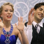 Kaitlyn Weaver and Andrew Poje of Canada wave to spectators as they wait in the results area after competing in the ice dance short dance figure skating competition at the Iceberg Skating Palace during the 2014 Winter Olympics, Sunday, Feb. 16, 2014, in Sochi, Russia. (AP Photo/Vadim Ghirda)