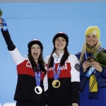 Women's skicross medalists, from left, Canada's Kelsey Serwa, silver, Canada's Marielle Thompson, gold, and Sweden's Anna Holmlund, bronze, pose with their medals at the 2014 Winter Olympics in Sochi, Russia, Friday, Feb. 21, 2014. (AP Photo/David Goldman)