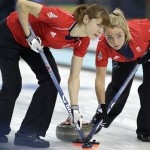 Anna Sloan, right, and Claire Hamilton, left, sweep the ice during the women's curling competition against the United States at the 2014 Winter Olympics, Tuesday, Feb. 11, 2014, in Sochi, Russia. (AP Photo/Wong Maye-E)
