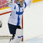 Goalkeeper Tuukka Rask of Finland (40) celebrates Team Finland's 5-0 victory over the United States in the men's bronze medal ice hockey game at the 2014 Winter Olympics, Saturday, Feb. 22, 2014, in Sochi, Russia. (AP Photo/Matt Slocum)