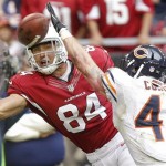 Arizona Cardinals tight end Rob Housler (84) tries to pull in a pass as Chicago Bears free safety Chris Conte (47) defends during the first half of an NFL football game, Sunday, Dec. 23, 2012, in Glendale, Ariz. (AP Photo/Paul Connors)