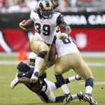 Rams running back Steven Jackson is a monster. He posted 130 yards on 29 carries Sunday, but failed to get into the end zone. Despite a very impressive game, he was turned away twice on thirs and fourth downs and short in the fourth quarter that likely would have led to a game-winning touchdown field goal.