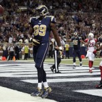 St. Louis Rams tight end Jared Cook (89) celebrates after catching a 1-yard pass for a touchdown during the fourth quarter of an NFL football game against the Arizona Cardinals, Sunday, Sept. 8, 2013, in St. Louis. (AP Photo/Tom Gannam)