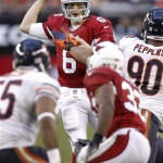 Arizona Cardinals quarterback Brian Hoyer (6) looks to pass against the Chicago Bears during the second half of an NFL football game, Sunday, Dec. 23, 2012, in Glendale, Ariz. (AP Photo/Paul Connors)
