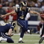 St. Louis Rams placekicker Greg Zuerlein boots a 48-yard field goal during the fourth quarter of an NFL football game against the Arizona Cardinals, Sunday, Sept. 8, 2013, in St. Louis. (AP Photo/Jeff Roberson)
